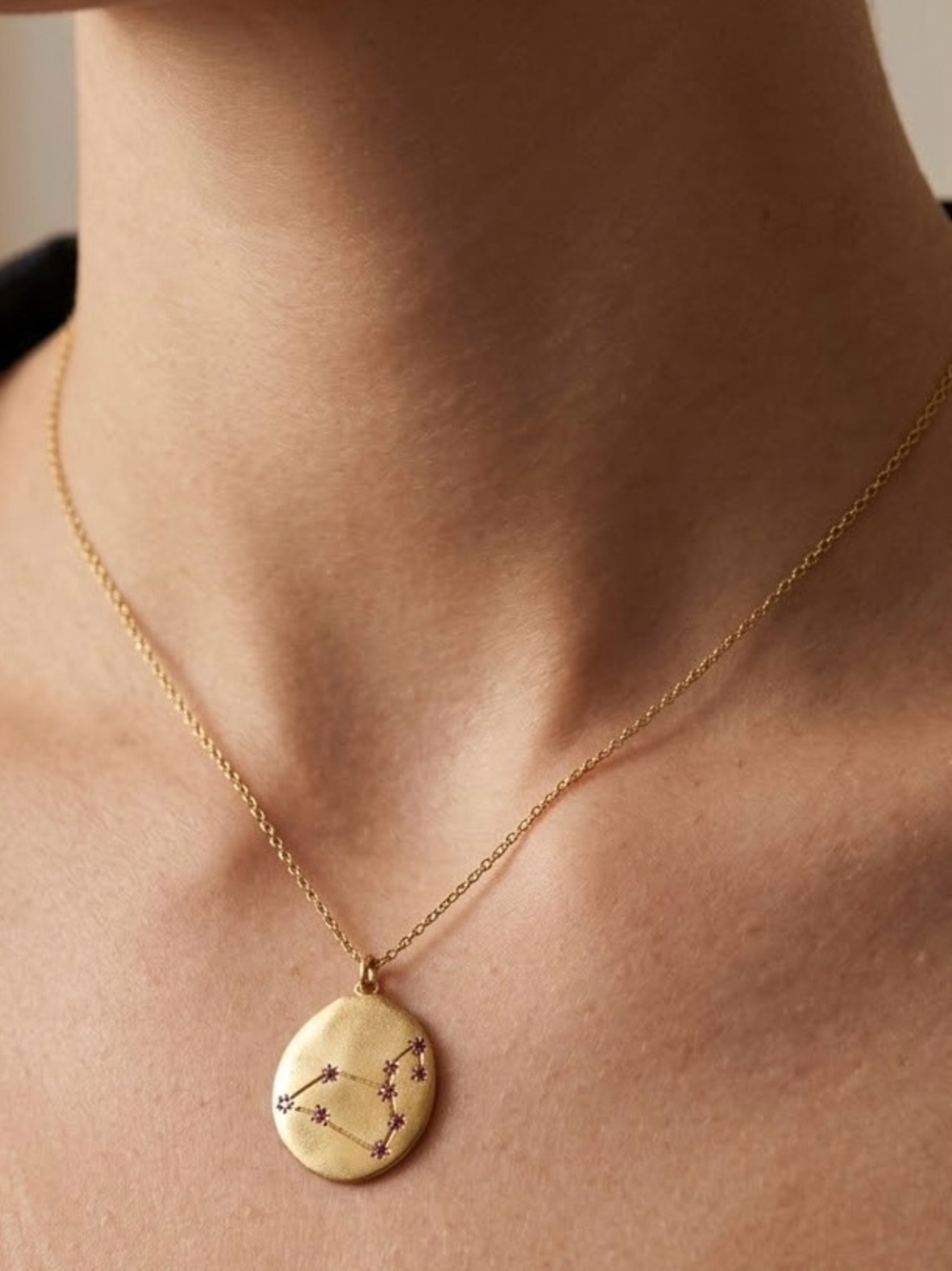 Gold Vermeil Leo Zodiac Constellation Medallion Necklace Ruby Crystals